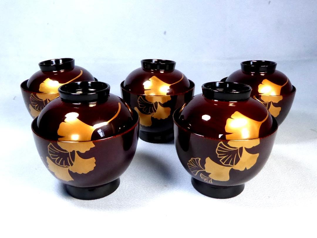 10142【伝統工芸 輪島塗】銀杏葉文 蓋付吸い物椀 五客 名入り イチョウ